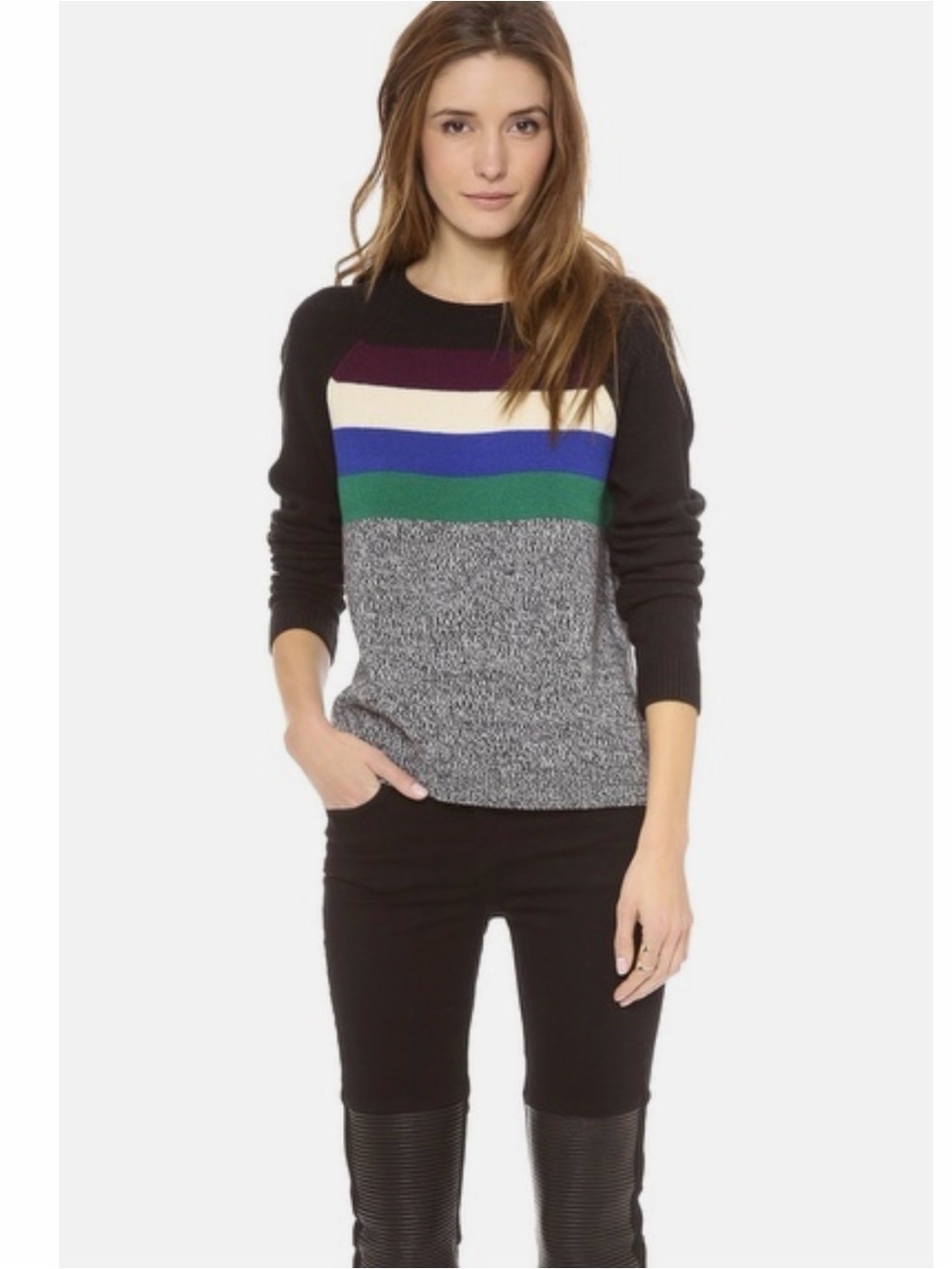 Tibi Black Crewneck Sweater with Multicolor Stripes